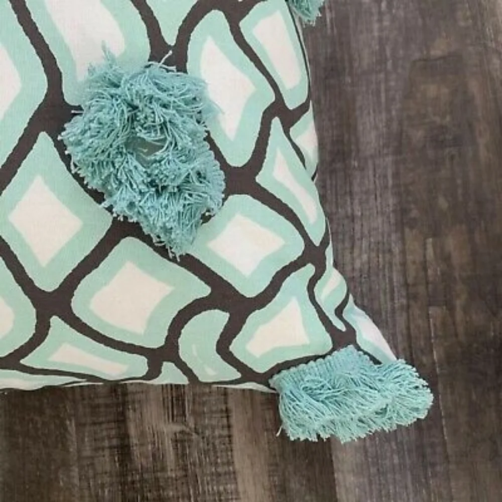 Pier 1 Modern Geometric Teal, Brown Pillow w/Fringe NWT